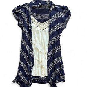 Navy Striped Cardigan with Cream Top
